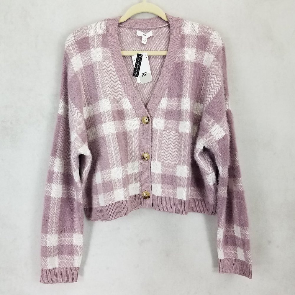 NWOT BP. Nordstrom Plus 2X Button Front Cropped Fuzzy Cardigan Sweater Plaid